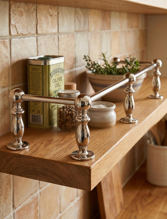Brass Gallery Rail - Tipping Rail for Shelves - Polished Nickel Finish.
